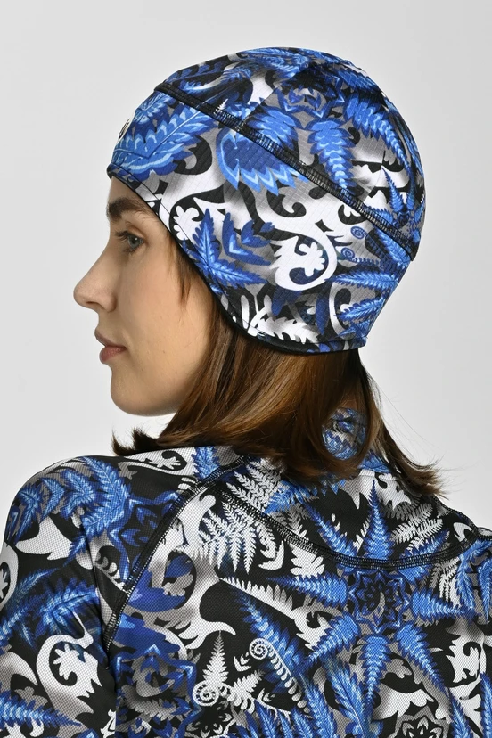 Short hat with earflaps Mosaic Fern Blue - packshot