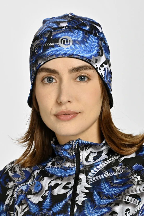 Short hat with earflaps Mosaic Fern Blue - packshot