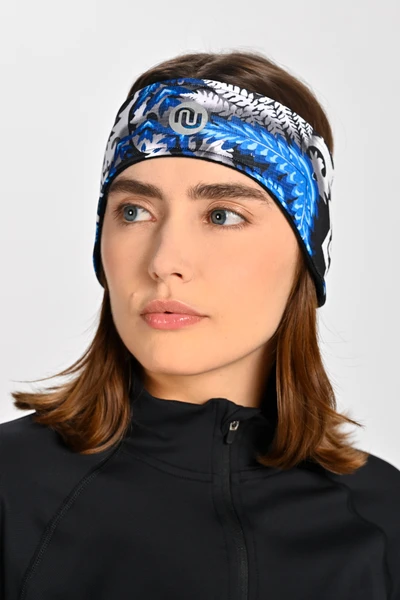 Thermoactive sports headband with ear pads Mosaic Fern Blue