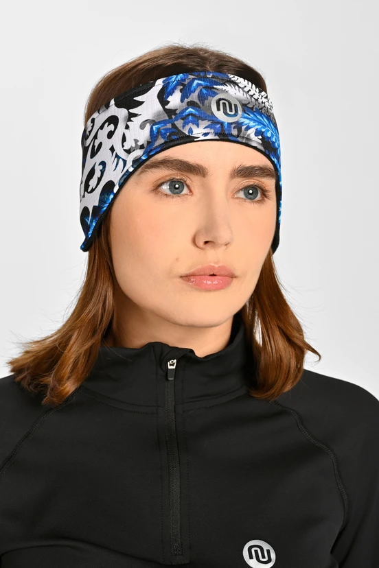 Thermoactive sports headband with ear pads Mosaic Fern Blue - packshot